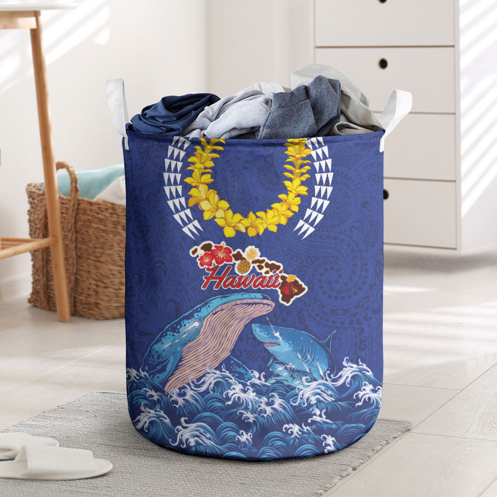 Hawaiian Sea Animals Laundry Basket Whales Shark and Turtle Guardians with Tribal Pattern