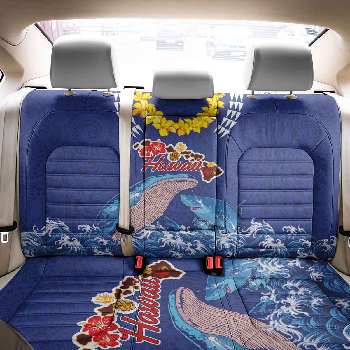 Hawaiian Sea Animals Back Car Seat Cover Whales Shark and Turtle Guardians with Tribal Pattern