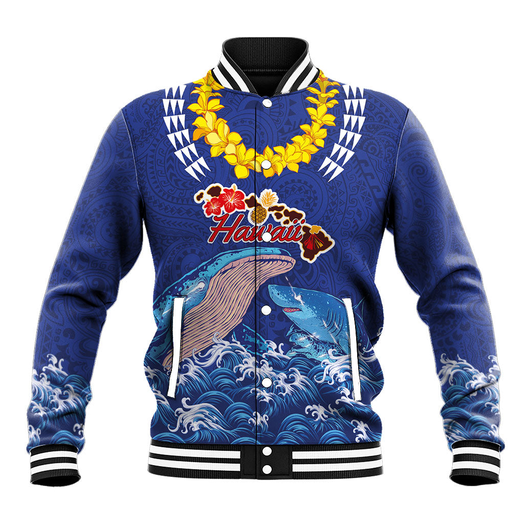 Hawaiian Sea Animals Baseball Jacket Whales Shark and Turtle Guardians with Tribal Pattern
