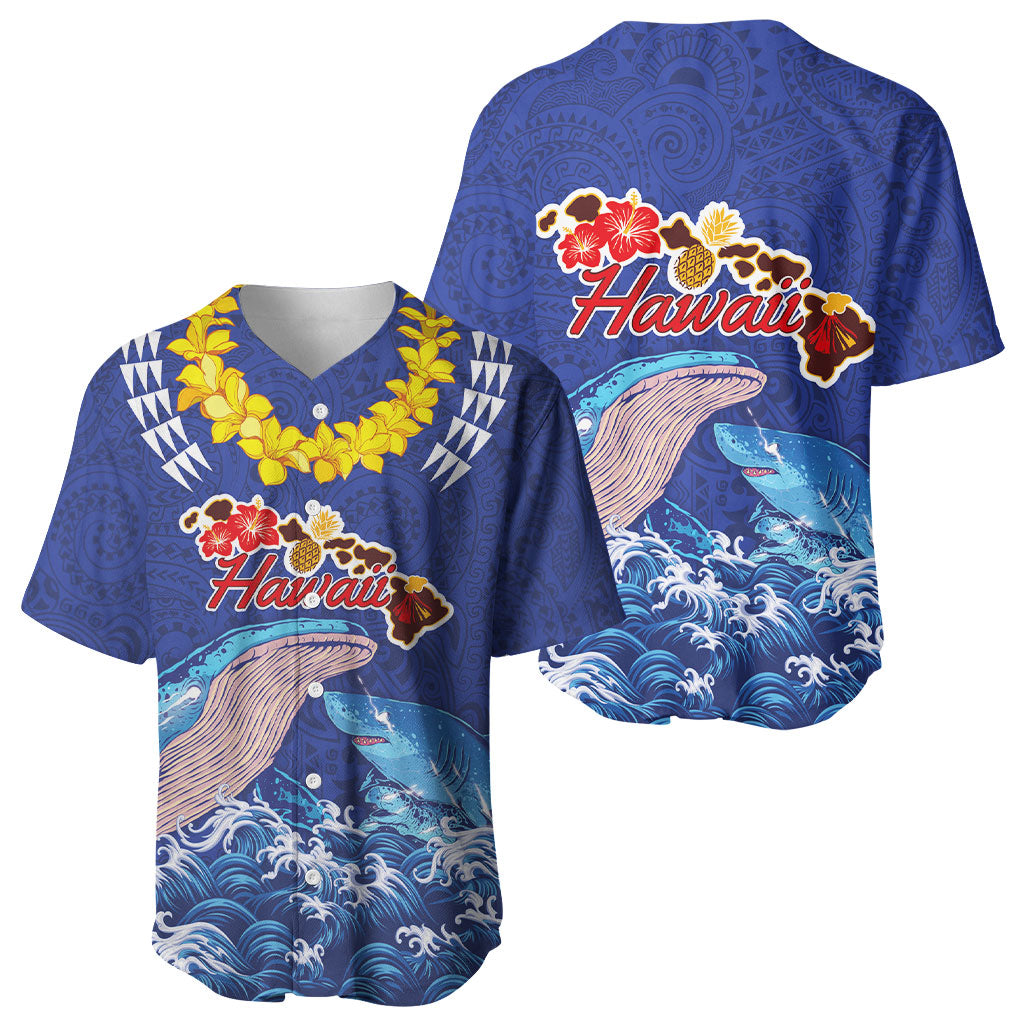 Hawaiian Sea Animals Baseball Jersey Whales Shark and Turtle Guardians with Tribal Pattern