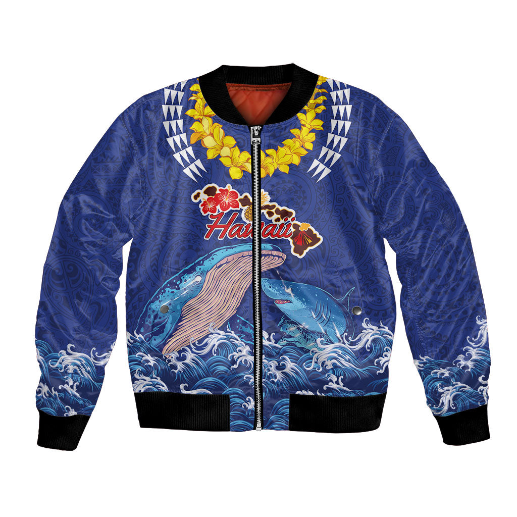 Hawaiian Sea Animals Bomber Jacket Whales Shark and Turtle Guardians with Tribal Pattern