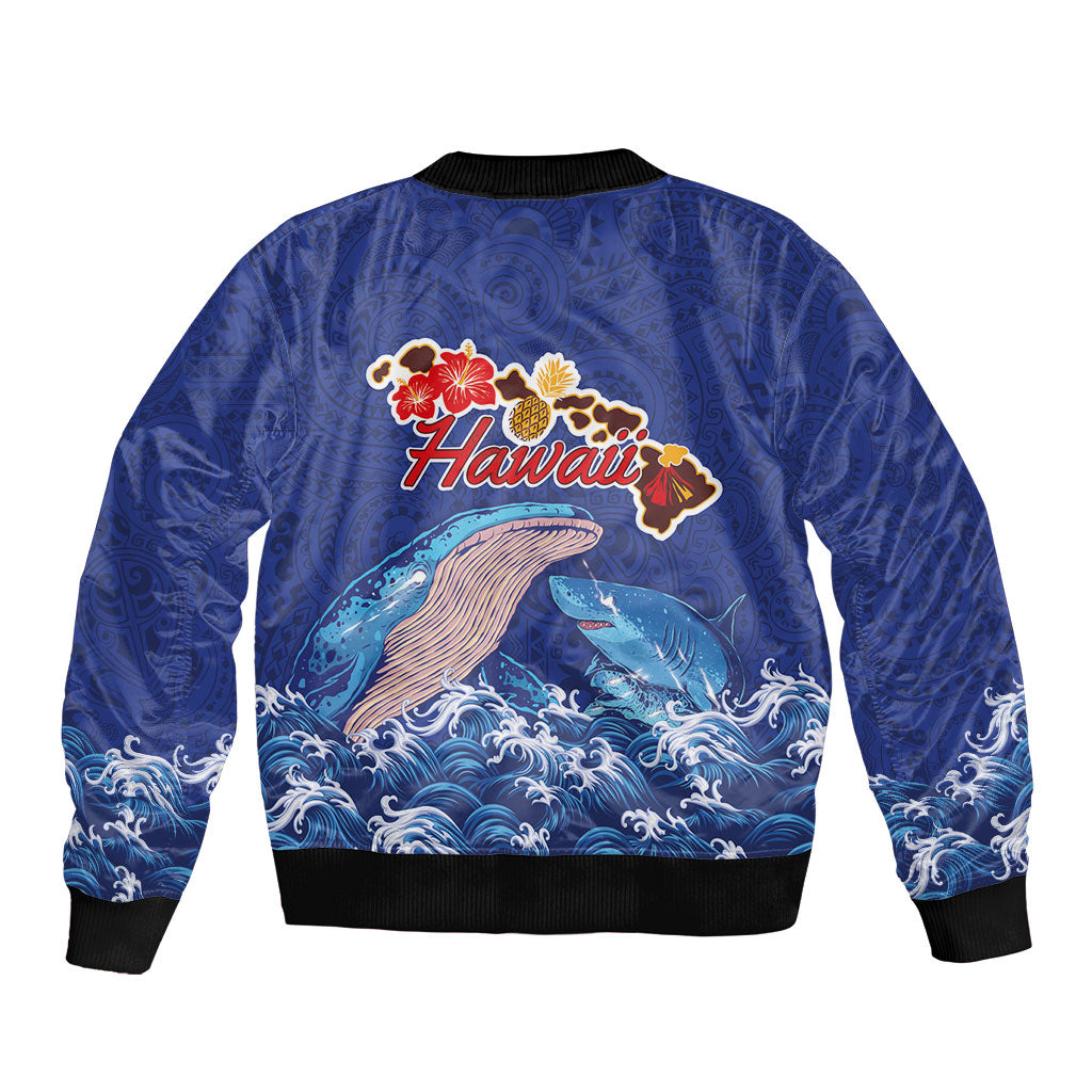 Hawaiian Sea Animals Bomber Jacket Whales Shark and Turtle Guardians with Tribal Pattern