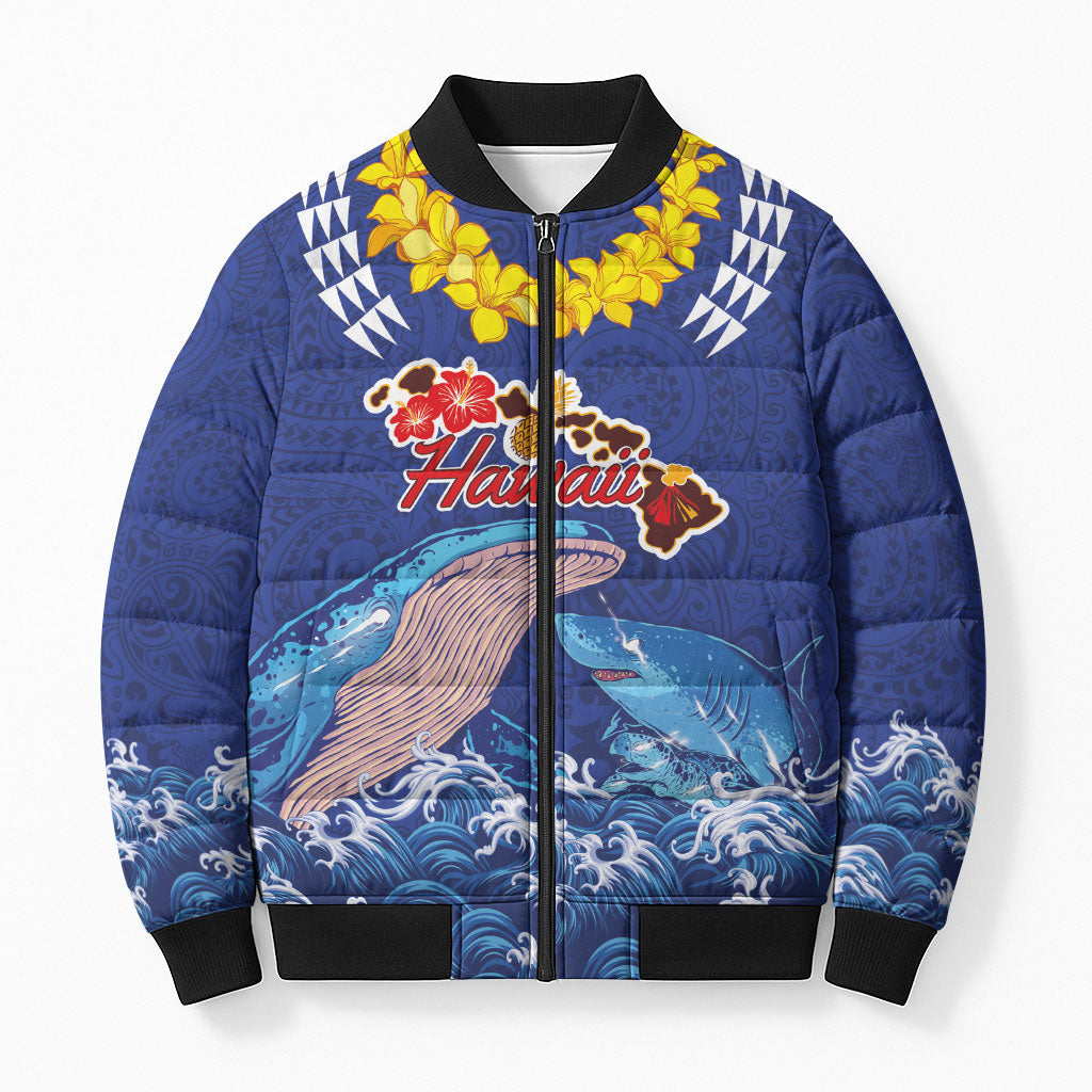 Hawaiian Sea Animals Bomber Puffer Jacket Whales Shark and Turtle Guardians with Tribal Pattern