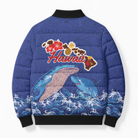 Hawaiian Sea Animals Bomber Puffer Jacket Whales Shark and Turtle Guardians with Tribal Pattern