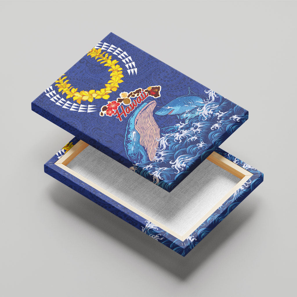 Hawaiian Sea Animals Canvas Wall Art Whales Shark and Turtle Guardians with Tribal Pattern