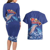 Hawaiian Sea Animals Couples Matching Long Sleeve Bodycon Dress and Hawaiian Shirt Whales Shark and Turtle Guardians with Tribal Pattern LT03 - Polynesian Pride