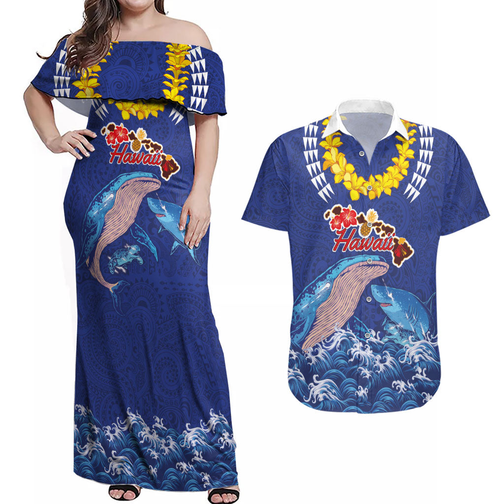 Hawaiian Sea Animals Couples Matching Off Shoulder Maxi Dress and Hawaiian Shirt Whales Shark and Turtle Guardians with Tribal Pattern