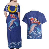 Hawaiian Sea Animals Couples Matching Off Shoulder Maxi Dress and Hawaiian Shirt Whales Shark and Turtle Guardians with Tribal Pattern