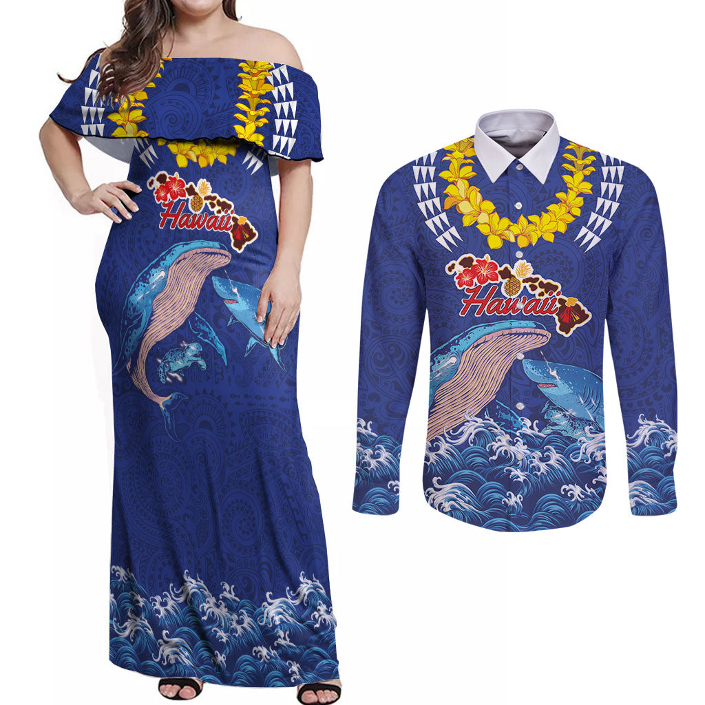Hawaiian Sea Animals Couples Matching Off Shoulder Maxi Dress and Long Sleeve Button Shirt Whales Shark and Turtle Guardians with Tribal Pattern