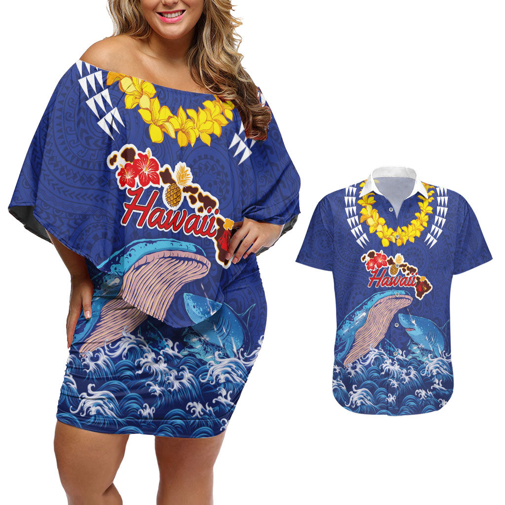 Hawaiian Sea Animals Couples Matching Off Shoulder Short Dress and Hawaiian Shirt Whales Shark and Turtle Guardians with Tribal Pattern