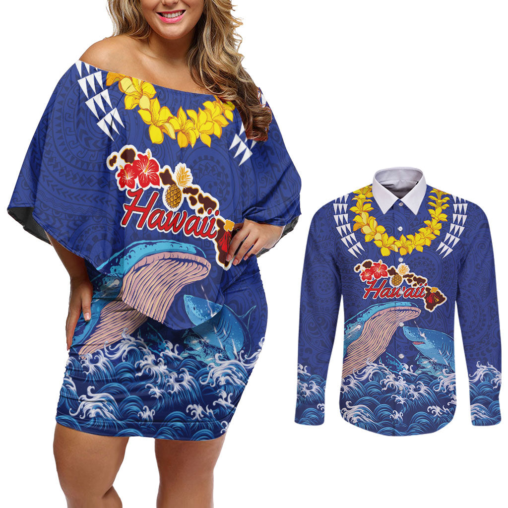 Hawaiian Sea Animals Couples Matching Off Shoulder Short Dress and Long Sleeve Button Shirt Whales Shark and Turtle Guardians with Tribal Pattern