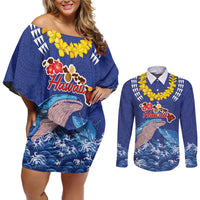Hawaiian Sea Animals Couples Matching Off Shoulder Short Dress and Long Sleeve Button Shirt Whales Shark and Turtle Guardians with Tribal Pattern