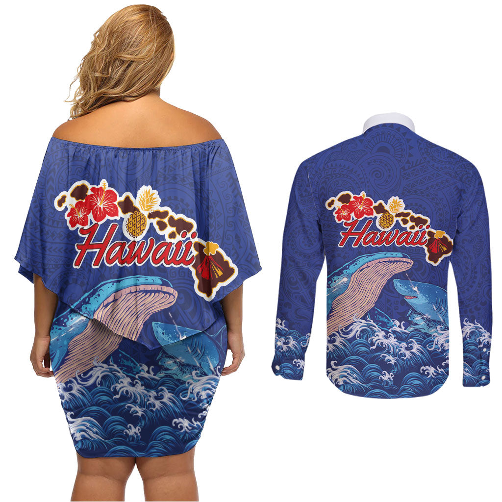 Hawaiian Sea Animals Couples Matching Off Shoulder Short Dress and Long Sleeve Button Shirt Whales Shark and Turtle Guardians with Tribal Pattern