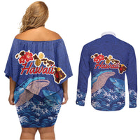Hawaiian Sea Animals Couples Matching Off Shoulder Short Dress and Long Sleeve Button Shirt Whales Shark and Turtle Guardians with Tribal Pattern
