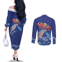 Hawaiian Sea Animals Couples Matching Off The Shoulder Long Sleeve Dress and Long Sleeve Button Shirt Whales Shark and Turtle Guardians with Tribal Pattern