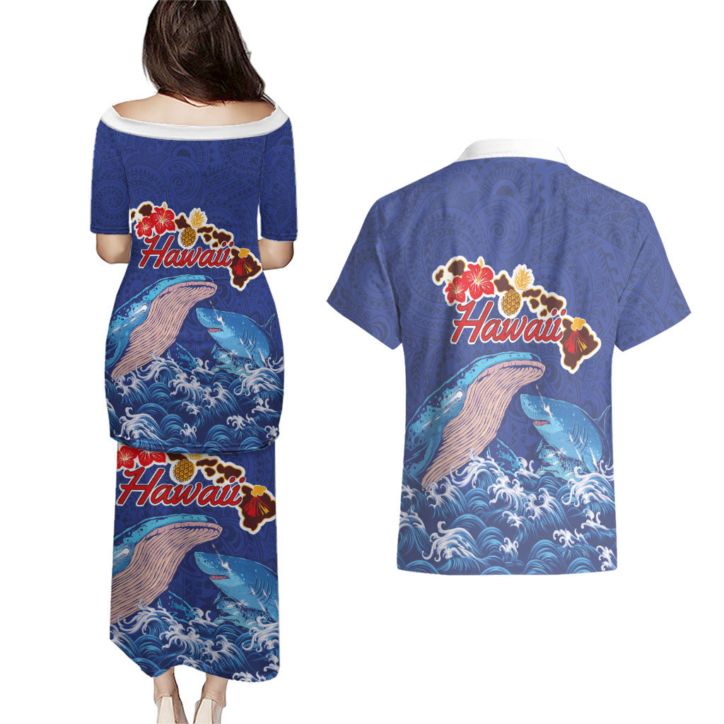 Hawaiian Sea Animals Couples Matching Puletasi and Hawaiian Shirt Whales Shark and Turtle Guardians with Tribal Pattern