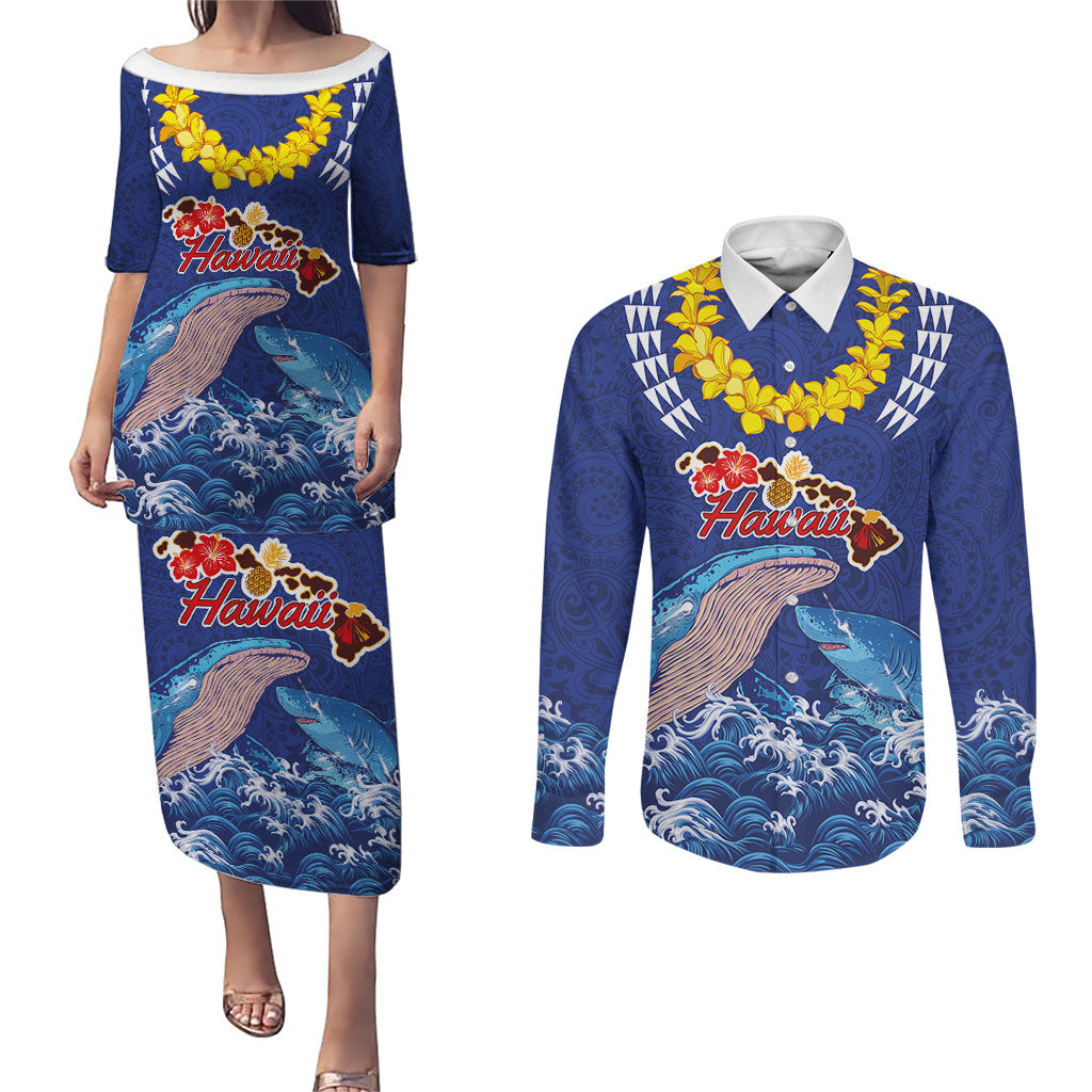 Hawaiian Sea Animals Couples Matching Puletasi and Long Sleeve Button Shirt Whales Shark and Turtle Guardians with Tribal Pattern
