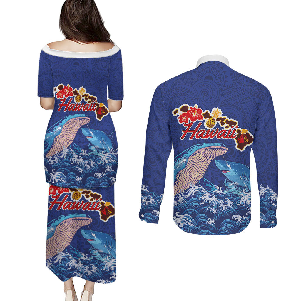 Hawaiian Sea Animals Couples Matching Puletasi and Long Sleeve Button Shirt Whales Shark and Turtle Guardians with Tribal Pattern