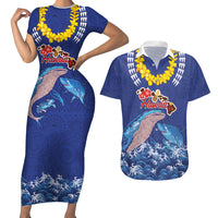 Hawaiian Sea Animals Couples Matching Short Sleeve Bodycon Dress and Hawaiian Shirt Whales Shark and Turtle Guardians with Tribal Pattern LT03 Blue - Polynesian Pride