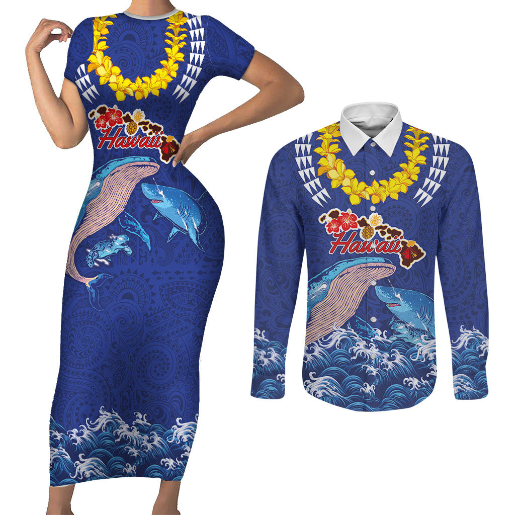 Hawaiian Sea Animals Couples Matching Short Sleeve Bodycon Dress and Long Sleeve Button Shirt Whales Shark and Turtle Guardians with Tribal Pattern