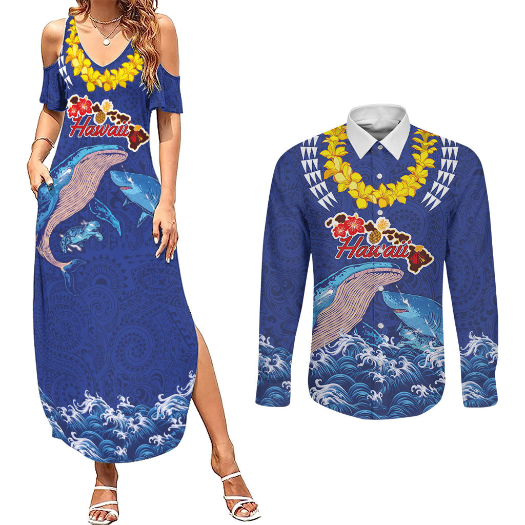 Hawaiian Sea Animals Couples Matching Summer Maxi Dress and Long Sleeve Button Shirt Whales Shark and Turtle Guardians with Tribal Pattern