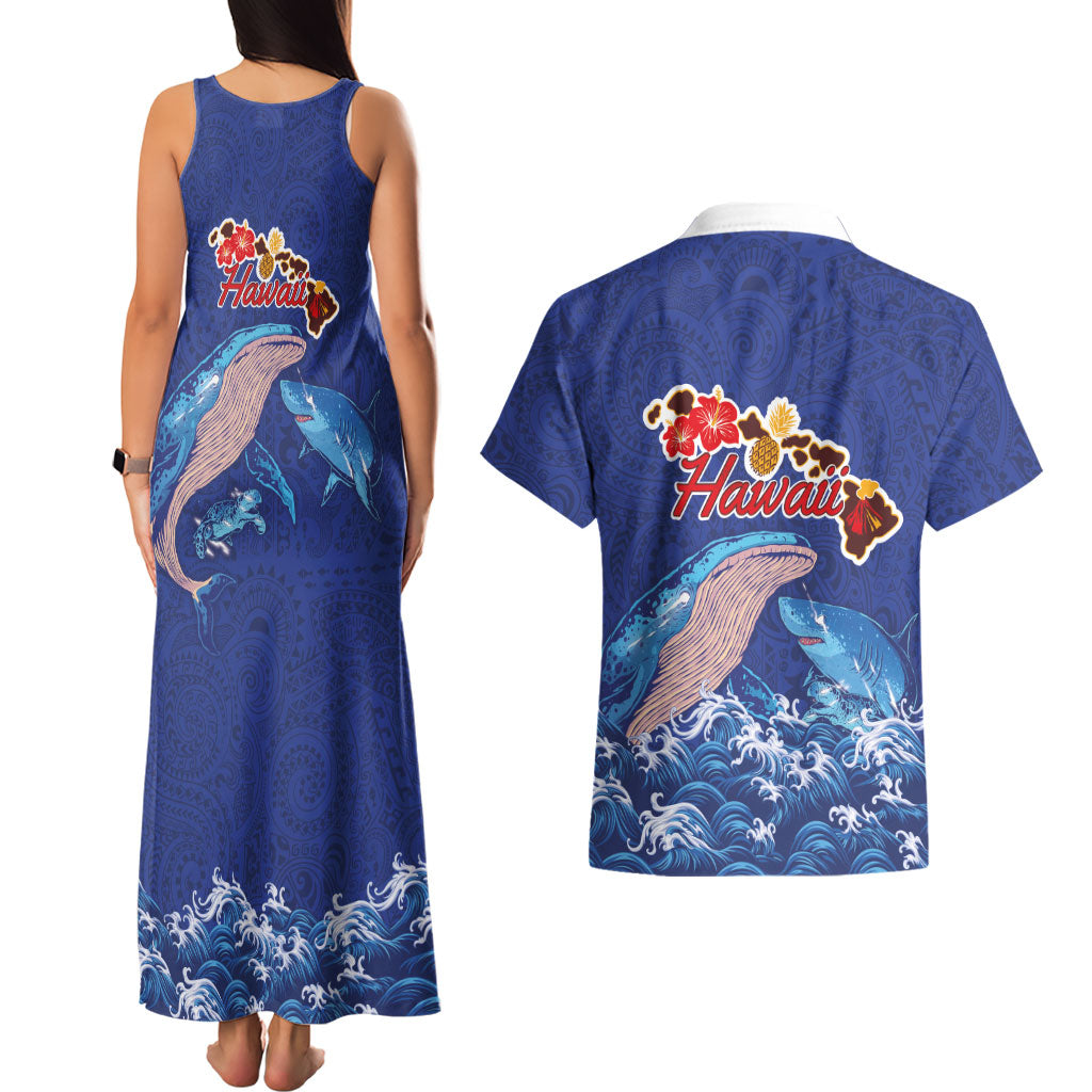 Hawaiian Sea Animals Couples Matching Tank Maxi Dress and Hawaiian Shirt Whales Shark and Turtle Guardians with Tribal Pattern