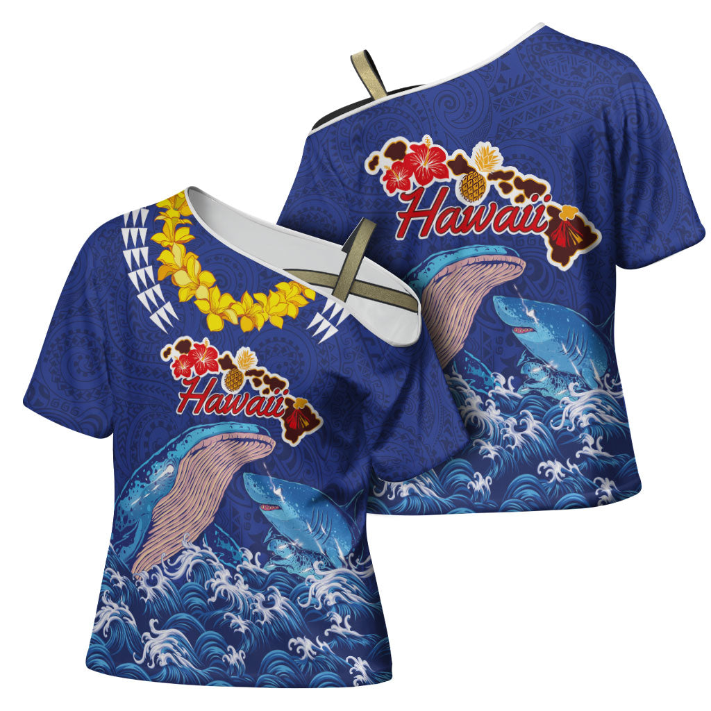 Hawaiian Sea Animals Cross Shoulder Shirt Whales Shark and Turtle Guardians with Tribal Pattern