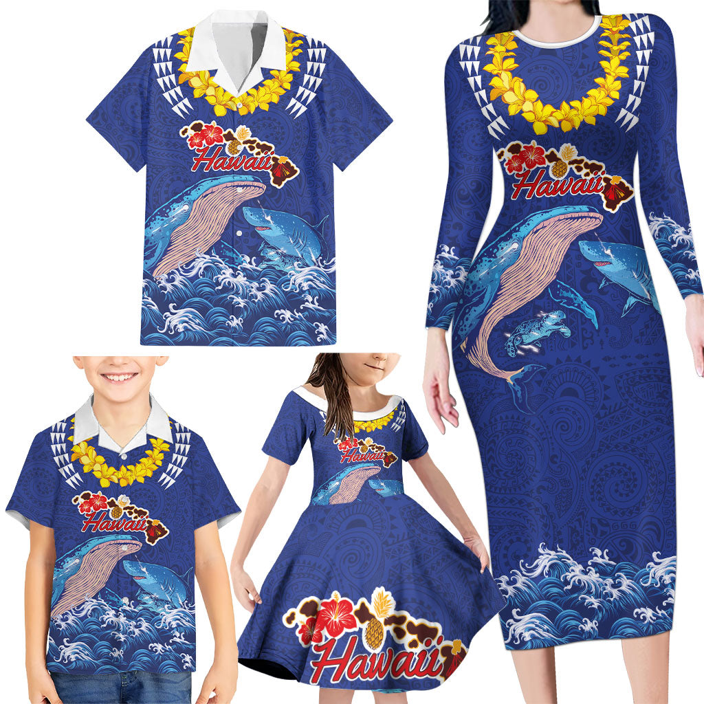 Hawaiian Sea Animals Family Matching Long Sleeve Bodycon Dress and Hawaiian Shirt Whales Shark and Turtle Guardians with Tribal Pattern