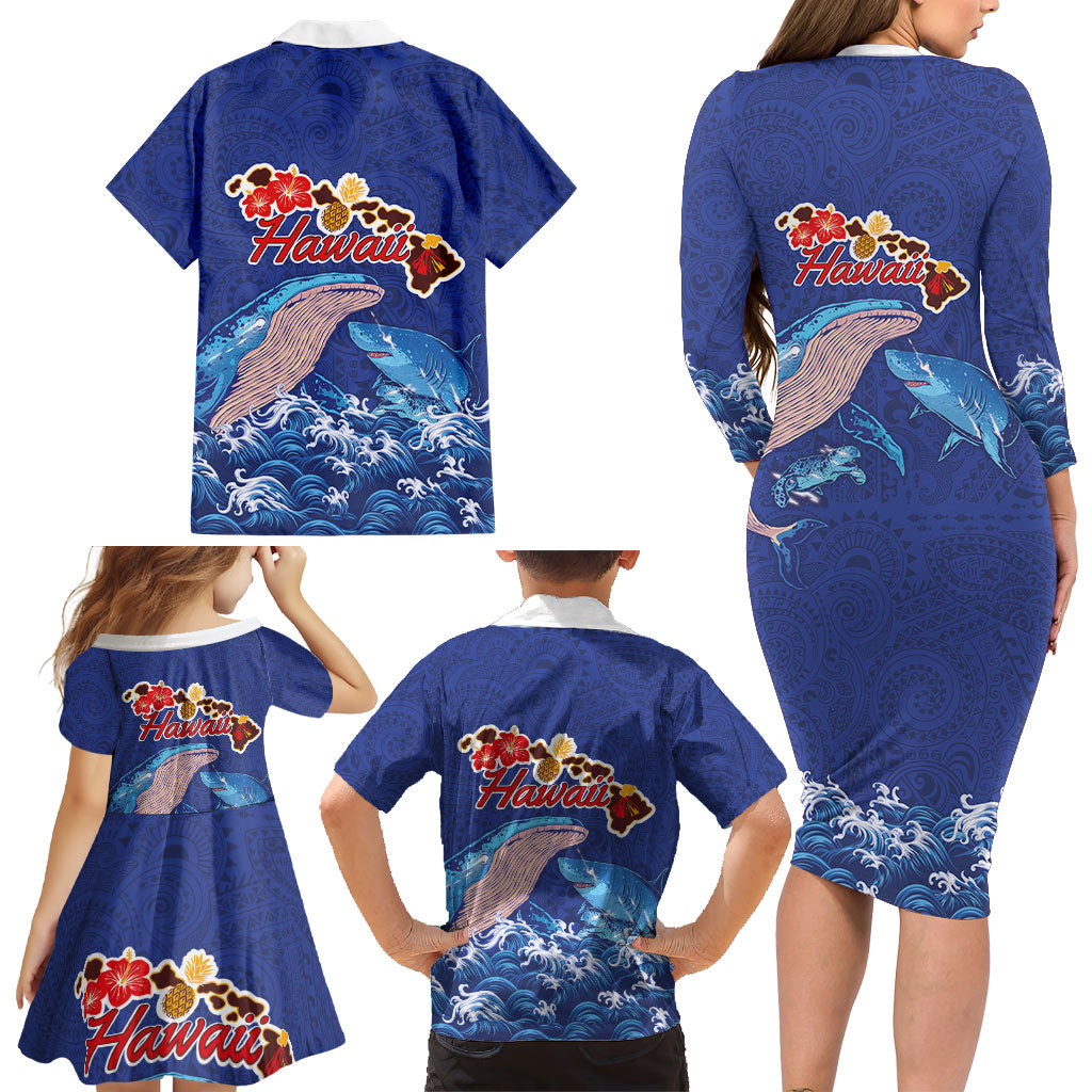 Hawaiian Sea Animals Family Matching Long Sleeve Bodycon Dress and Hawaiian Shirt Whales Shark and Turtle Guardians with Tribal Pattern LT03 - Polynesian Pride