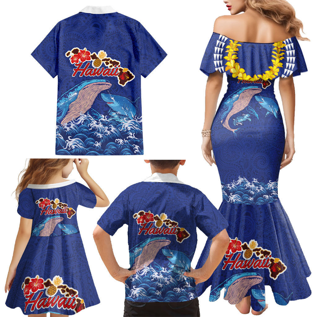 Hawaiian Sea Animals Family Matching Mermaid Dress and Hawaiian Shirt Whales Shark and Turtle Guardians with Tribal Pattern LT03 - Polynesian Pride