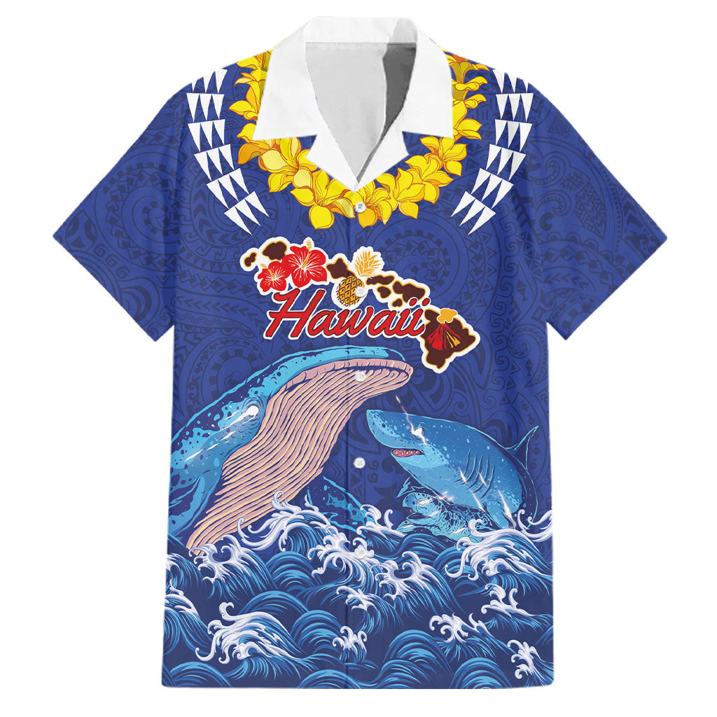 Hawaiian Sea Animals Family Matching Mermaid Dress and Hawaiian Shirt Whales Shark and Turtle Guardians with Tribal Pattern LT03 Dad's Shirt - Short Sleeve Blue - Polynesian Pride