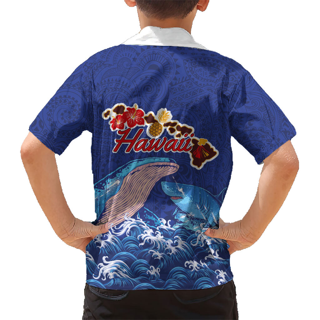 Hawaiian Sea Animals Family Matching Off The Shoulder Long Sleeve Dress and Hawaiian Shirt Whales Shark and Turtle Guardians with Tribal Pattern LT03 - Polynesian Pride