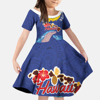 Hawaiian Sea Animals Family Matching Off The Shoulder Long Sleeve Dress and Hawaiian Shirt Whales Shark and Turtle Guardians with Tribal Pattern LT03 Daughter's Dress Blue - Polynesian Pride
