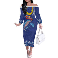 Hawaiian Sea Animals Family Matching Off The Shoulder Long Sleeve Dress and Hawaiian Shirt Whales Shark and Turtle Guardians with Tribal Pattern LT03 Mom's Dress Blue - Polynesian Pride