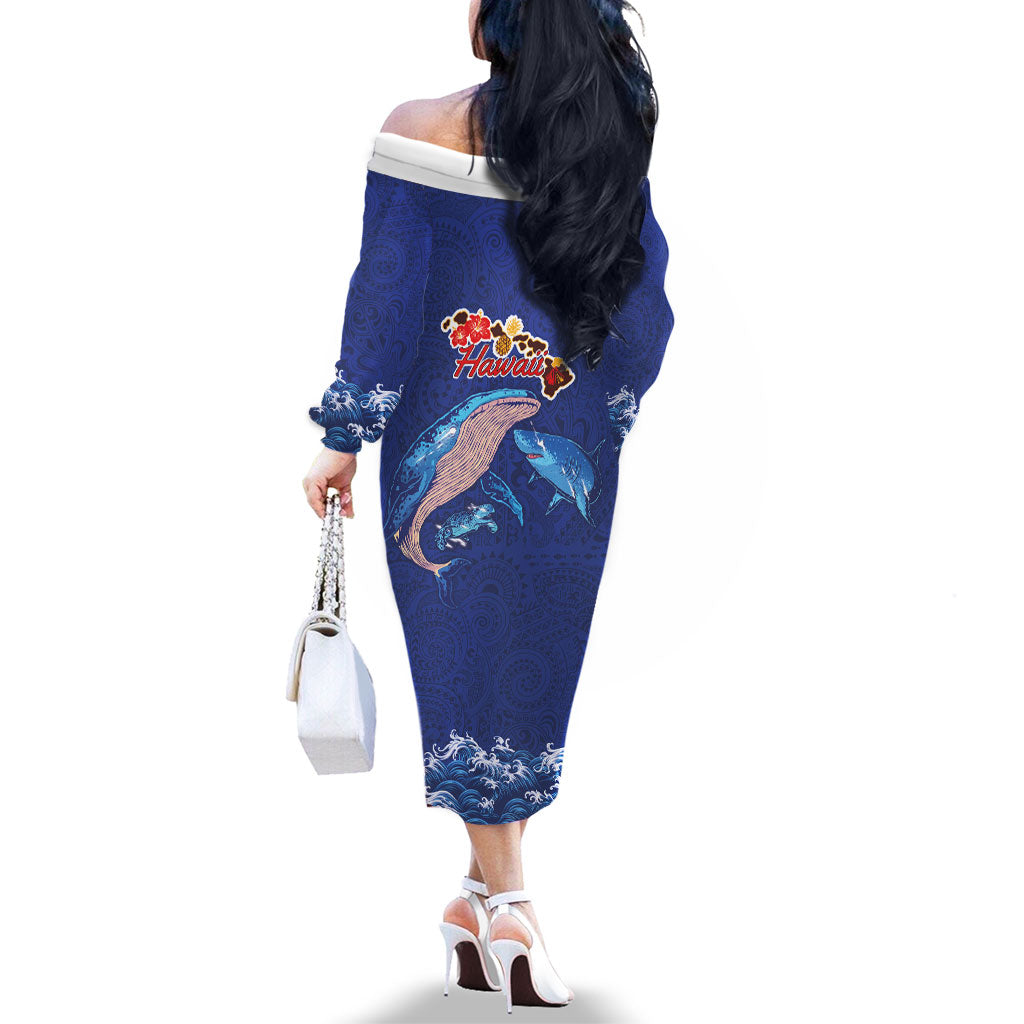 Hawaiian Sea Animals Family Matching Off The Shoulder Long Sleeve Dress and Hawaiian Shirt Whales Shark and Turtle Guardians with Tribal Pattern LT03 - Polynesian Pride
