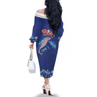 Hawaiian Sea Animals Family Matching Off The Shoulder Long Sleeve Dress and Hawaiian Shirt Whales Shark and Turtle Guardians with Tribal Pattern LT03 - Polynesian Pride