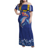 Hawaiian Sea Animals Family Matching Off Shoulder Maxi Dress and Hawaiian Shirt Whales Shark and Turtle Guardians with Tribal Pattern LT03 Mom's Dress Blue - Polynesian Pride