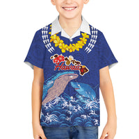 Hawaiian Sea Animals Family Matching Off Shoulder Maxi Dress and Hawaiian Shirt Whales Shark and Turtle Guardians with Tribal Pattern LT03 Son's Shirt Blue - Polynesian Pride