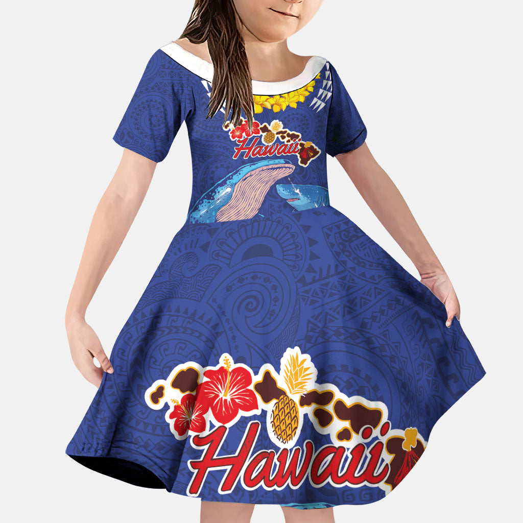 Hawaiian Sea Animals Family Matching Puletasi and Hawaiian Shirt Whales Shark and Turtle Guardians with Tribal Pattern LT03 Daughter's Dress Blue - Polynesian Pride