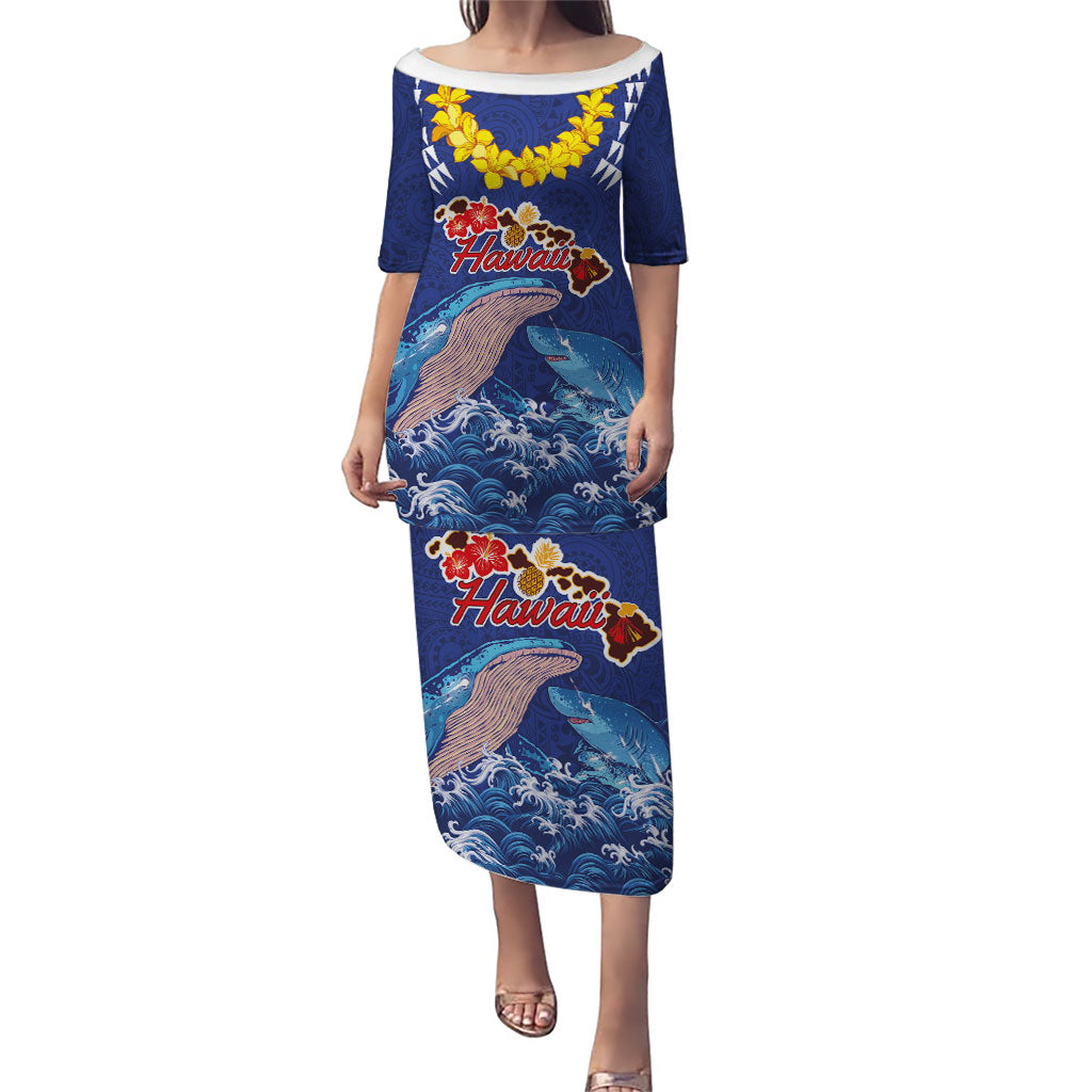 Hawaiian Sea Animals Family Matching Puletasi and Hawaiian Shirt Whales Shark and Turtle Guardians with Tribal Pattern LT03 Mom's Dress Blue - Polynesian Pride