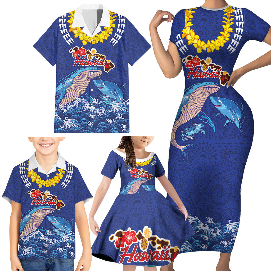 Hawaiian Sea Animals Family Matching Short Sleeve Bodycon Dress and Hawaiian Shirt Whales Shark and Turtle Guardians with Tribal Pattern