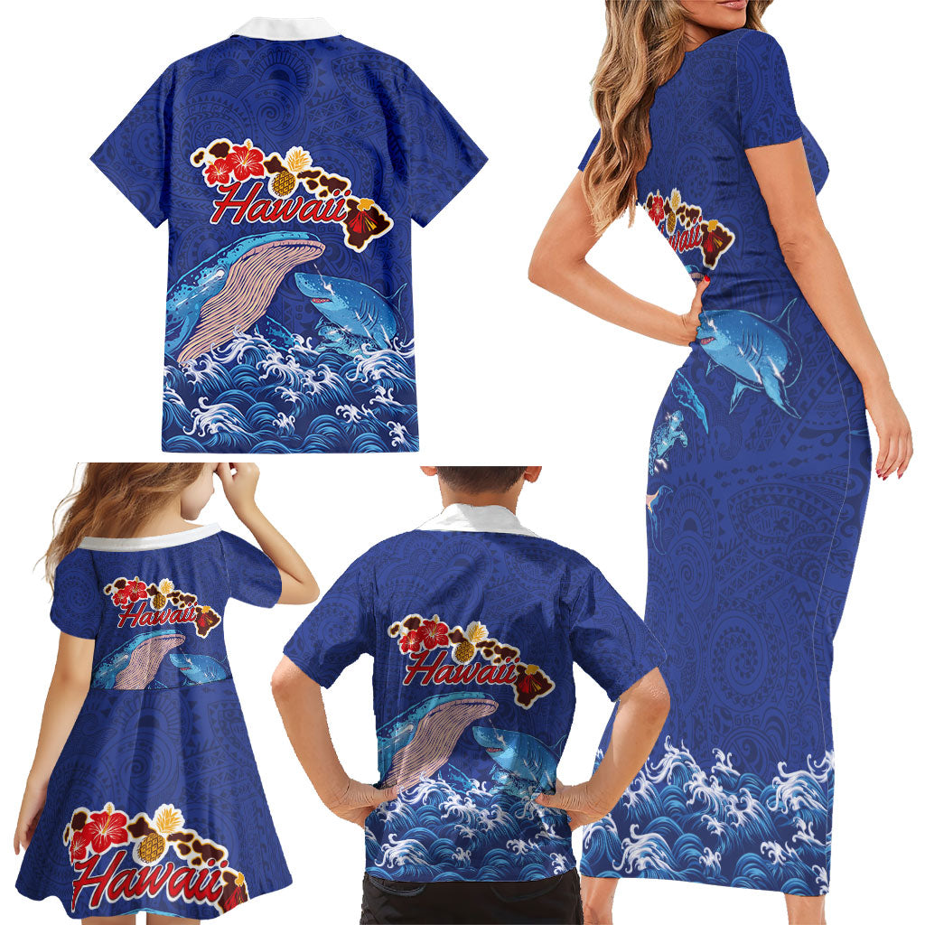 Hawaiian Sea Animals Family Matching Short Sleeve Bodycon Dress and Hawaiian Shirt Whales Shark and Turtle Guardians with Tribal Pattern LT03 - Polynesian Pride