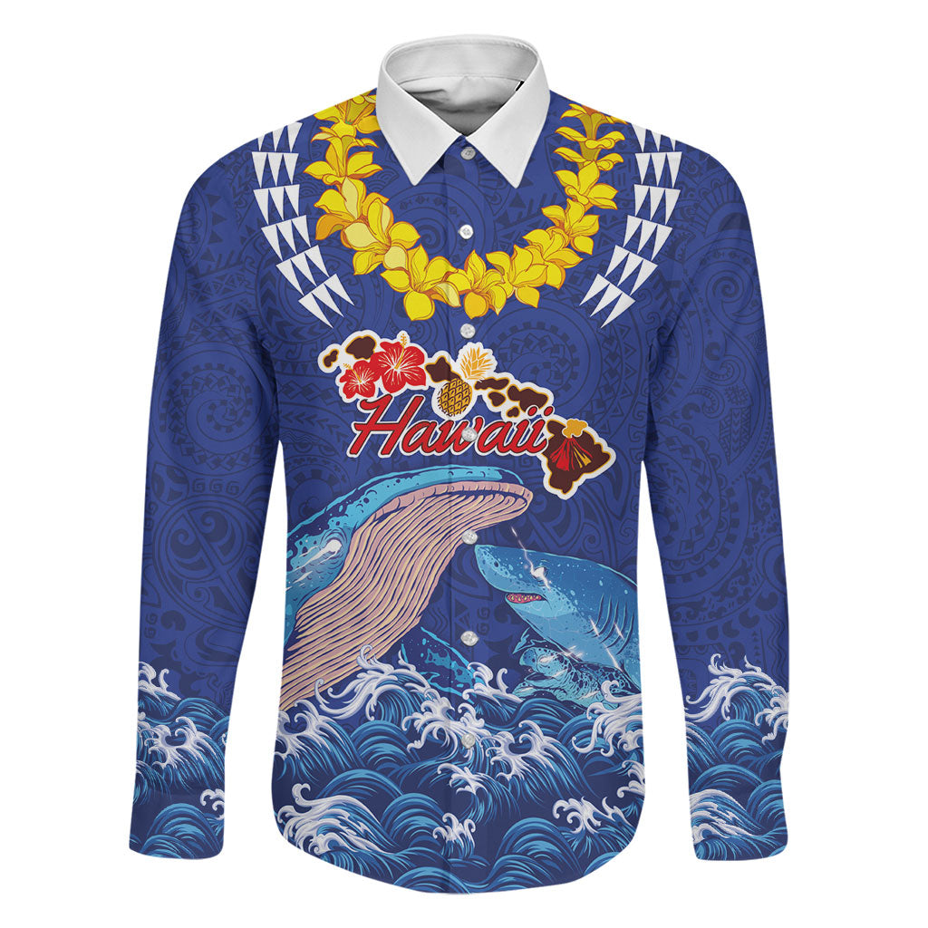 Hawaiian Sea Animals Family Matching Tank Maxi Dress and Hawaiian Shirt Whales Shark and Turtle Guardians with Tribal Pattern LT03 Dad's Shirt - Long Sleeve Blue - Polynesian Pride
