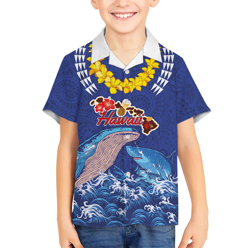 Hawaiian Sea Animals Family Matching Tank Maxi Dress and Hawaiian Shirt Whales Shark and Turtle Guardians with Tribal Pattern LT03 Son's Shirt Blue - Polynesian Pride
