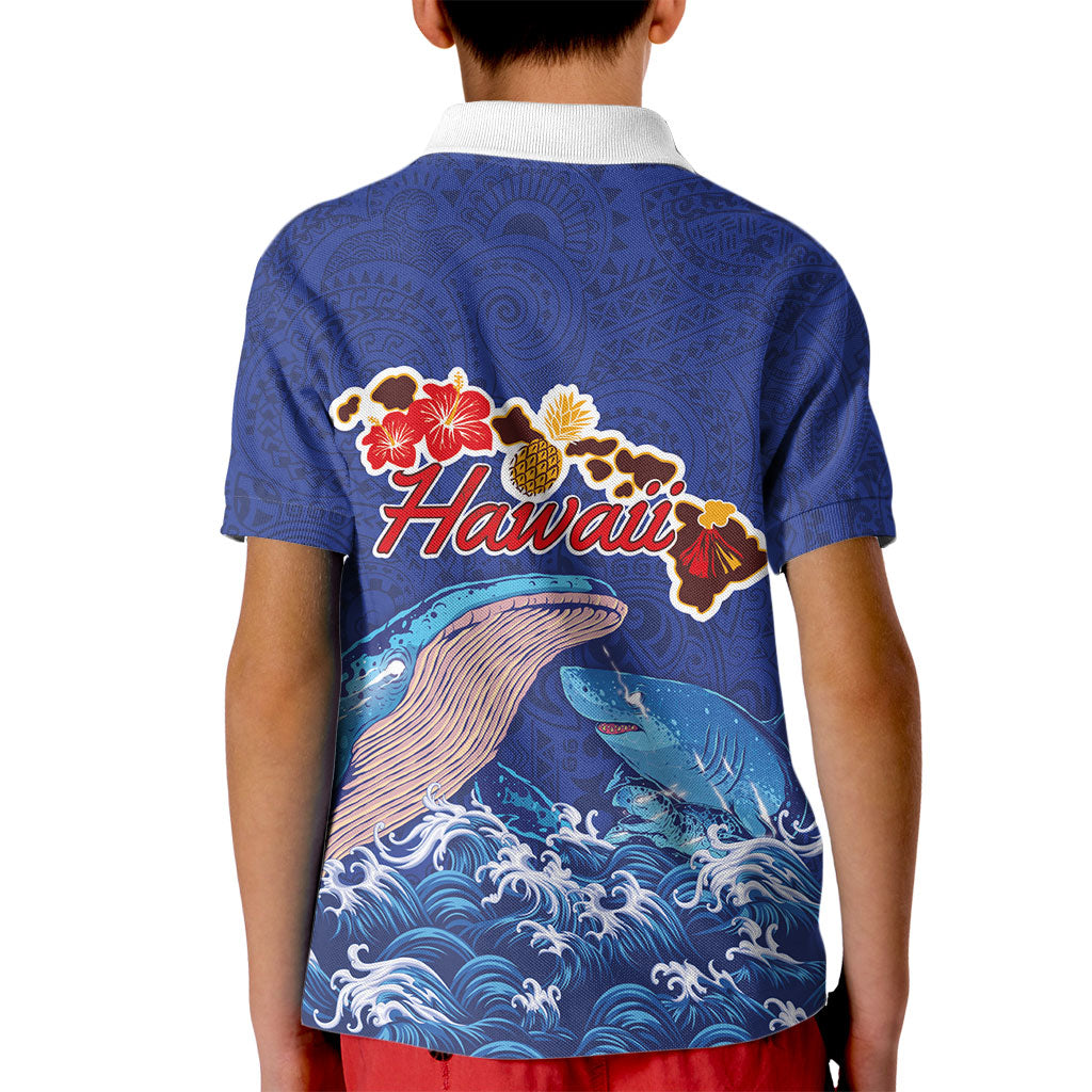 Hawaiian Sea Animals Kid Polo Shirt Whales Shark and Turtle Guardians with Tribal Pattern