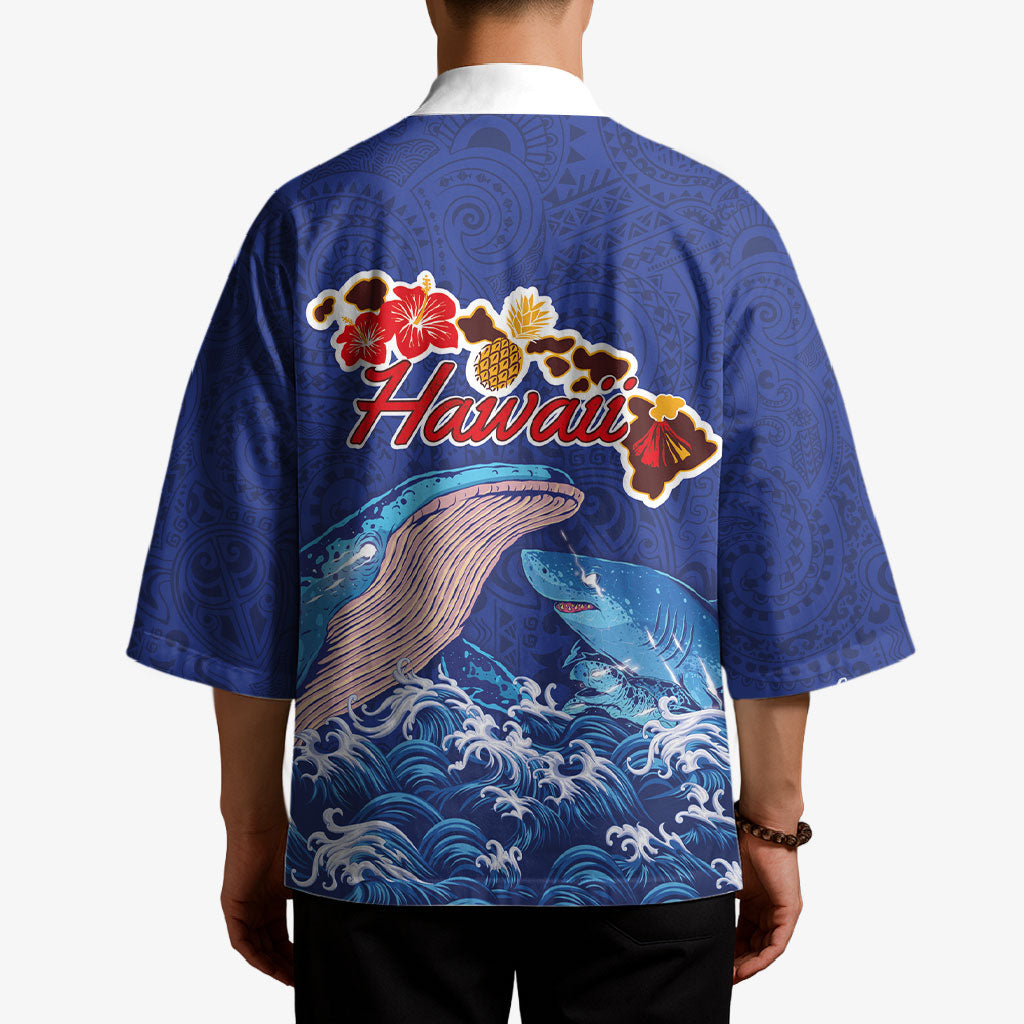 Hawaiian Sea Animals Kimono Whales Shark and Turtle Guardians with Tribal Pattern