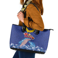 Hawaiian Sea Animals Leather Tote Bag Whales Shark and Turtle Guardians with Tribal Pattern