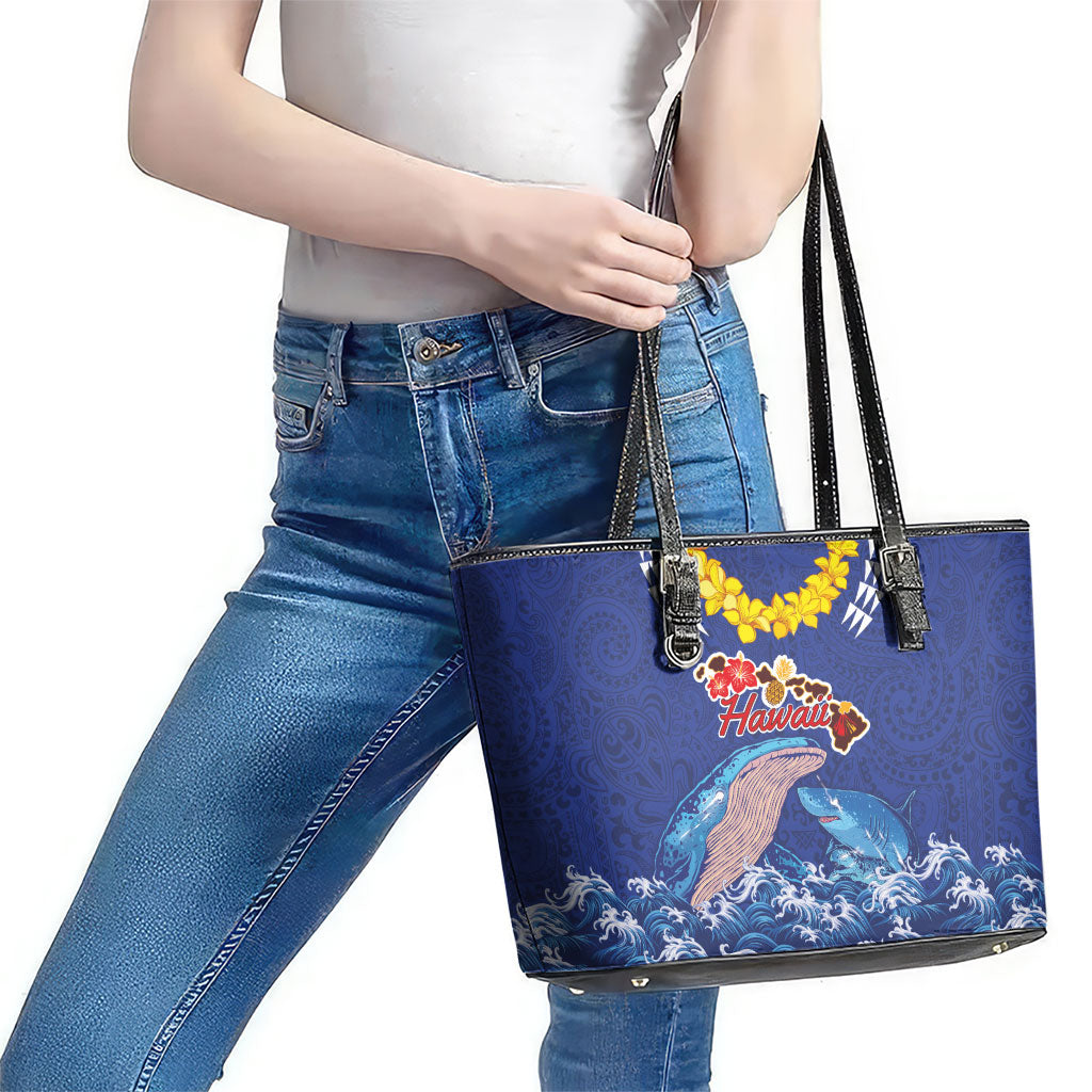 Hawaiian Sea Animals Leather Tote Bag Whales Shark and Turtle Guardians with Tribal Pattern