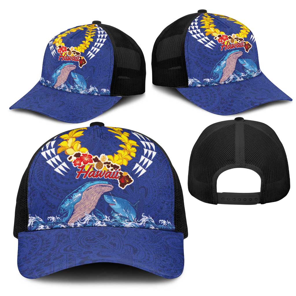 Hawaiian Sea Animals Mesh Trucker Cap Whales Shark and Turtle Guardians with Tribal Pattern