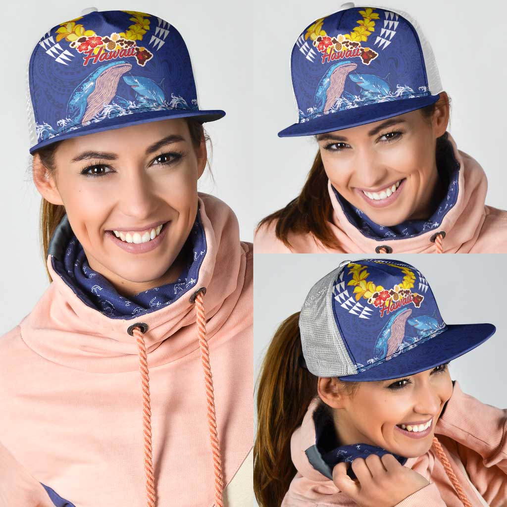 Hawaiian Sea Animals Mesh Trucker Cap Whales Shark and Turtle Guardians with Tribal Pattern